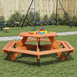 Masă de picnic pentru 6 copii cu bănci lemn masiv brad, hexagon GartenMobel Dekor