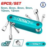 Set 6 chei tubulare TOTAL cu maner pliabil, Cr-V, 5–12 mm