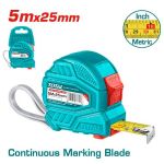 Ruletă TOTAL 5 m x 25 mm cu dublu buton, gradare metrică și inch