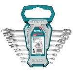 Set 8 chei combinate TOTAL 6–19 mm, fixe/inelare, cu suport de depozitare