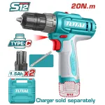Mașină de găurit/înșurubat TOTAL 12V Li-Ion, 20 Nm, 2x1.5Ah, LED