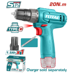 Mașină de găurit și înșurubat TOTAL 12V Li-Ion cu LED, 20 Nm, 1.5Ah
