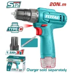 Mașină de găurit și înșurubat cu acumulator TOTAL 12V, 1.5Ah, LED, Li-Ion