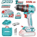 Mașină de găurit cu percuție TOTAL 20V brushless, 2x2.0Ah, 55Nm, set complet