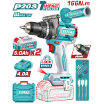 Mașină de găurit cu percuție TOTAL 20V, brushless, 166 Nm, 2x5Ah, kit complet