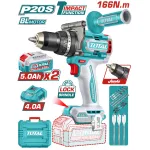 Mașină de găurit cu percuție TOTAL 20V, brushless, 166 Nm, 2x5Ah, kit complet
