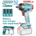 Mașină de înșurubat cu impact TOTAL 20V, brushless, 500Nm, 1/2", fără acumulator