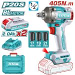 Mașină de înșurubat cu impact TOTAL 20V, 405Nm, 2x 2.0Ah, brushless, 1/2"," kit