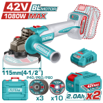 Polizor unghiular TOTAL 42V 115 mm, brushless 1080W, cu 2 acumulatori si incarcator