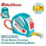 Ruletă TOTAL 8 m x 25 mm cu buton 3 funcții, marcare continuă
