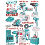 Set TOTAL 20V cu 5 unelte brushless, 2 acumulatori 4.0Ah și încărcător