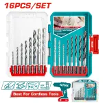 Set burghie TOTAL 16 piese pentru metal, beton și lemn, prindere hexagonală