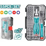 Set șurubelniță cu clichet TOTAL, 55 piese Cr-V, biți și tubulare în cutie