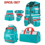 Set transport unelte TOTAL, 5 piese: rucsac, geanta, vesta, centura si suport bormasina