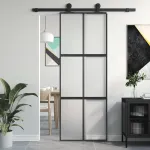 Ușă glisantă, negru, 76x205 cm, sticlă securizată și aluminiu GartenMobel Dekor