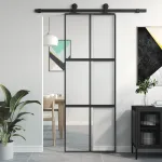 Ușă glisantă, negru, 76x205 cm, sticlă securizată și aluminiu GartenMobel Dekor
