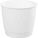 Ghiveci rotund Ratolla 19 cm, alb, cu farfurie, aspect ratan