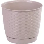 Ghiveci rotund RATOLLA 19 cm mocca, cu farfurie, aspect ratan