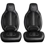 Set 2 Huse Scaune Fata Auto, Ergonomice, Panda, compatibile cu tetiere incorporate- monobloc, tip alcantara si piele ecologica, negru cu cusatura gri Automobile ProTravel