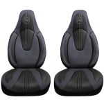 Set 2 Huse Scaune Fata Auto, Panda, compatibile cu tetiere incorporate-monobloc, material textil si piele ecologica, gri petrol-negru Automobile ProTravel