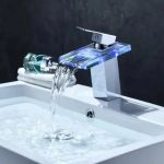 Baterie lavoar tip cascadă cu sticlă și lumină RGB, crom lucios, OD3008