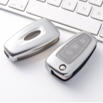 Husă cheie Ford tip briceag din TPU+PC, gri silver, pentru Focus Fiesta Transit