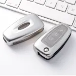 Husă cheie Ford tip briceag din TPU+PC, gri silver, pentru Focus Fiesta Transit
