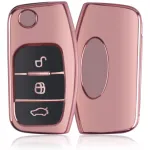 Husă cheie Ford tip briceag, TPU+PC roz, 3 butoane negre (Focus/Fiesta)