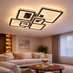 Lustra LED cu telecomanda si cristal QUADRIS RGB 177W, 6 Patrate, lumina Rece/Calda/Neutra 3000K/4000K/6000K, Dimabila, Negru, Metal si Cristal