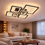 Lustră LED QUADRIS RGB 177W cu telecomandă și cristale, 6 pătrate, dimabilă, negru