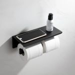 Suport dublu hârtie igienică din inox, cu raft pentru telefon/parfum, negru