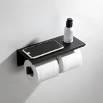 Suport dublu hârtie igienică din inox, cu raft pentru telefon/parfum, negru