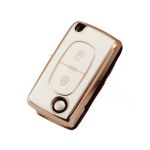 Husă cheie briceag Peugeot 307/308/207, TPU alb cu contur auriu, 2 butoane