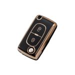 Husă cheie briceag Peugeot 307/308/207 din TPU, 2 butoane, negru cu contur auriu