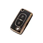 Husă cheie briceag Peugeot 307/308/207 din TPU, 2 butoane, negru cu contur auriu