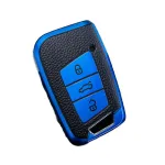 Husă cheie auto Smartkey din TPU, aspect piele, albastru, pentru Passat B8 și Arteon