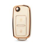 Husă cheie briceag compatibilă VW Golf 4, 2 butoane, TPU alb cu contur auriu