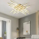 Lustră LED MORA 160W cu telecomandă, 8 elemente liniare, dimabilă, auriu lucios