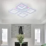 Lustră LED Leila 69W cu telecomandă, cristal și RGB, 4 pătrate, alb-crom