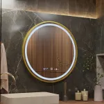 Oglindă LED rotundă 60 cm Celeste Royale Gold, dimabilă, cu dezaburire și ceas