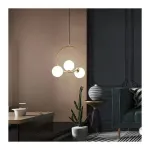 Lustră LOFT Atrium cu 3 becuri E27, alb-auriu, metal și globuri, înălțime reglabilă