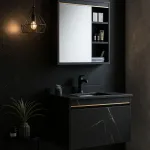 Set mobilier baie 60x50 cm cu lavoar integrat si oglinda, 2 piese, negru marmorat