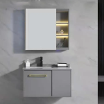 Set mobilier baie gri 80 cm, 3 piese cu lavoar din piatră și oglindă