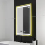 Oglindă LED dreptunghiulară 50x70 cm, aurie, dimabilă, cu dezaburire, ceas și termometru