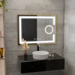 Oglindă LED baie 80x60 cm Marcello, dezaburire, ceas/termometru, lupă, ramă aurie