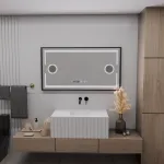 Oglindă LED pentru baie 120x65 cm cu senzor, dezaburire, ceas și termometru, ramă negru brushed