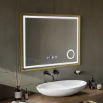 Oglindă baie LED Touch CLARUS 80x60 cm, dezaburire, ceas, temperatură, ramă auriu brushed, lupă