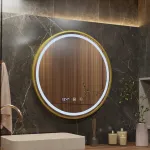 Oglindă baie LED rotundă 70 cm LUSSO cu touch, dezaburire, ceas, temperatură, ramă auriu brushed
