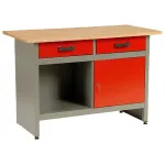 Banc de lucru metalic cu 2 sertare si dulap, blat din lemn 121,5x61,5 cm