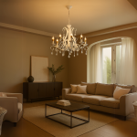 Candelabru DELLI SANTI 6xE14, alb cu cristale, Ø52 cm, inaltime reglabila